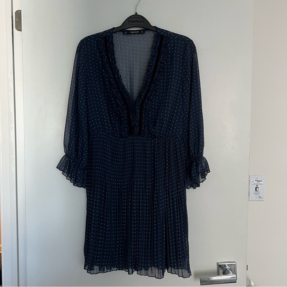 Zara Polka Dot Navy Dress with Pleats - Picture 9 of 10